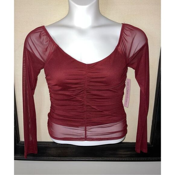 Crave Fame Burgundy Mesh Sleeve Top - XS - Picture 6 of 10